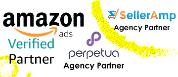 Amazon ads logo and Perpetua and sellerAmp Partnered Agency